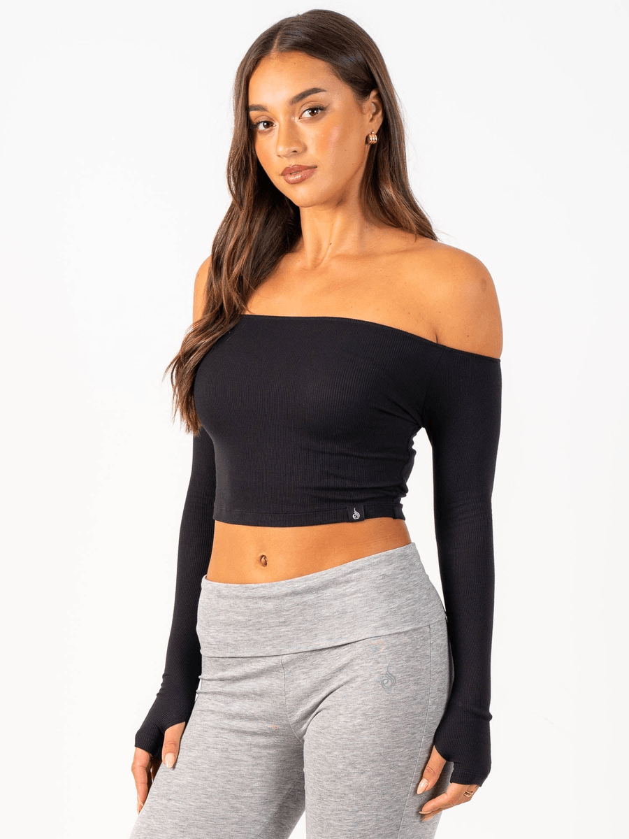 Ryderwear Ribbed Off Shoulder Long Sleeve Top - Black