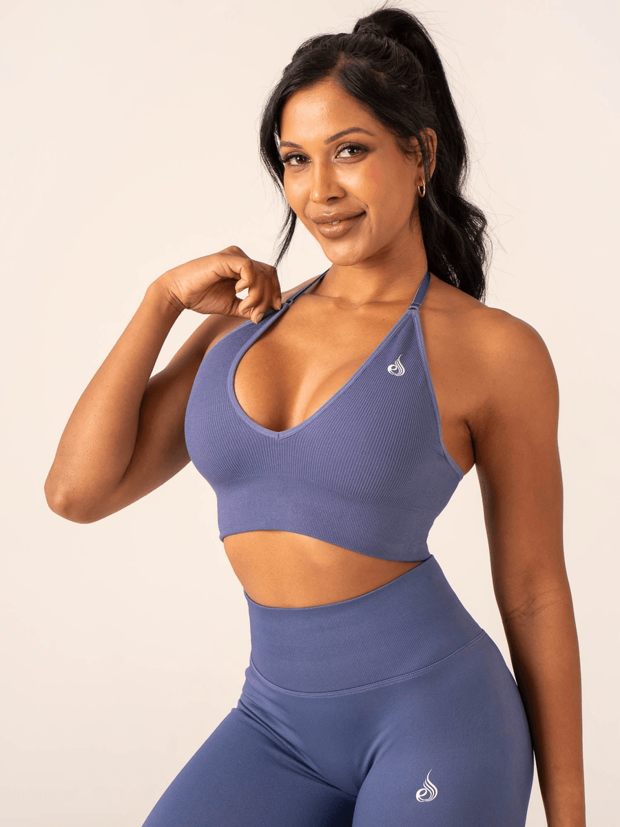 Ryderwear Lift Rib Seamless Halter Sports Bra - Denim Blue